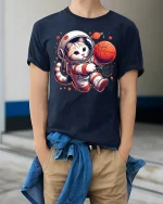 Space Cat Dunking Basketball Funny T-Shirt - model wearing Navy T-shirt, hands in pockets, denim shirt at waist