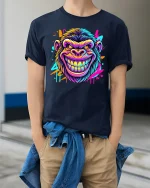 Neon Gorilla Grin Graphic T-Shirt - model wearing Navy T-shirt, hands in pockets, denim shirt at waist