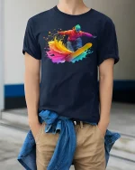 Color Splash Snowboarder Cool Winter T-Shirt - model wearing Navy T-shirt, hands in pockets, denim shirt at waist