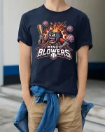 Mind Blowers Monster Baseball T-Shirt - model wearing Navy T-shirt, hands in pockets, denim shirt at waist