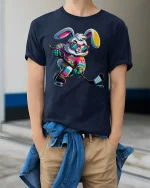 Cool Hockey Bunny Neon Player Funny T-Shirt - model wearing Navy T-shirt, hands in pockets, denim shirt at waist