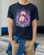 Sacred Heart Jesus Floral Art Christian T-Shirt - model wearing Navy T-shirt, hands in pockets, denim shirt at waist