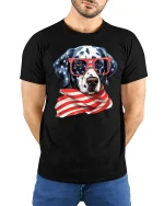 Patriotic Dalmatian USA Flag T-Shirt - model with hands behind back, wearing Black T-shirt and blue jeans