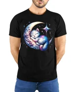 Dreamy Cat Sleeping On Crescent T-Shirt - model with hands behind back, wearing Black T-shirt and blue jeans