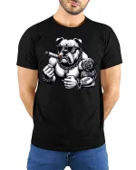 Tough Bulldog Smoking Cigar Cool Muscle T-Shirt - model with hands behind back, wearing Black T-shirt and blue jeans