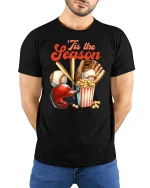 ’Tis The Season Baseball Fan Funny T-Shirt - model with hands behind back, wearing Black T-shirt and blue jeans