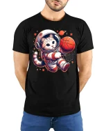 Space Cat Dunking Basketball Funny T-Shirt - model with hands behind back, wearing Black T-shirt and blue jeans