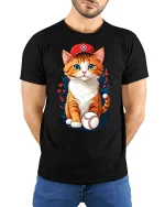 Cute Baseball Cat Wearing Cap T-Shirt - model with hands behind back, wearing Black T-shirt and blue jeans
