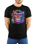 Neon Gorilla Grin Graphic T-Shirt - model with hands behind back, wearing Black T-shirt and blue jeans