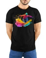 Color Splash Snowboarder Cool Winter T-Shirt - model with hands behind back, wearing Black T-shirt and blue jeans