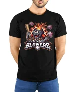 Mind Blowers Monster Baseball T-Shirt - model with hands behind back, wearing Black T-shirt and blue jeans