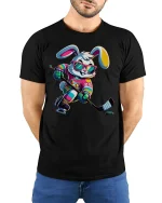 Cool Hockey Bunny Neon Player Funny T-Shirt - model with hands behind back, wearing Black T-shirt and blue jeans