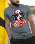Patriotic Dalmatian USA Flag T-Shirt - model leaning on yellow-black pole, wearing Gray T-shirt, hand in pocket