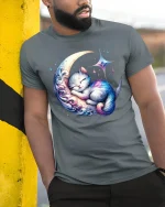 Dreamy Cat Sleeping On Crescent T-Shirt - model leaning on yellow-black pole, wearing Gray T-shirt, hand in pocket