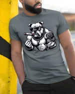 Tough Bulldog Smoking Cigar Cool Muscle T-Shirt - model leaning on yellow-black pole, wearing Gray T-shirt, hand in pocket
