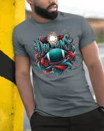 Dolphins Football Fan Art Cool Game Day T-Shirt - model leaning on yellow-black pole, wearing Gray T-shirt, hand in pocket