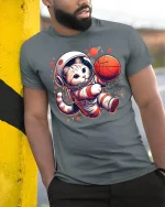 Space Cat Dunking Basketball Funny T-Shirt - model leaning on yellow-black pole, wearing Gray T-shirt, hand in pocket