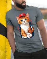 Cute Baseball Cat Wearing Cap T-Shirt - model leaning on yellow-black pole, wearing Gray T-shirt, hand in pocket