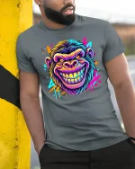 Neon Gorilla Grin Graphic T-Shirt - model leaning on yellow-black pole, wearing Gray T-shirt, hand in pocket