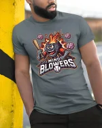 Mind Blowers Monster Baseball T-Shirt - model leaning on yellow-black pole, wearing Gray T-shirt, hand in pocket