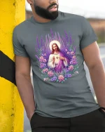 Sacred Heart Jesus Floral Art Christian T-Shirt - model leaning on yellow-black pole, wearing Gray T-shirt, hand in pocket