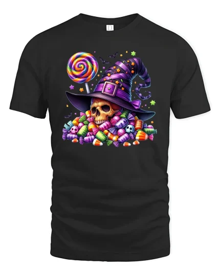 Witch Hat Skull Candy Halloween Trick or Treat T-Shirt - black t-shirt on white background