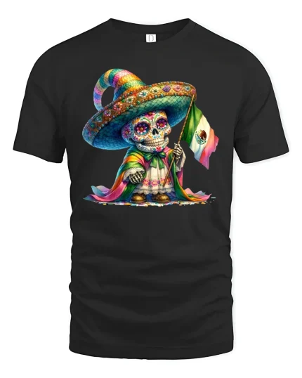 Colorful Sugar Skull Mexican Flag Day of Dead T-Shirt - black t-shirt on white background