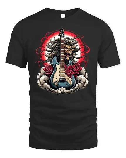 Rock Skull Guitar Roses Graphic T-Shirt Heavy Metal Art - black t-shirt on white background