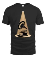 Vintage Gramophone Spotlight Graphic T-Shirt Retro Art - black t-shirt on white background