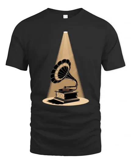 Vintage Gramophone Spotlight Graphic T-Shirt Retro Art - black t-shirt on white background