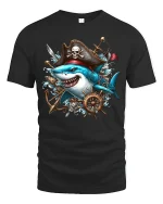 Pirate Shark Adventure Ocean Captain Graphic T-Shirt - black t-shirt on white background