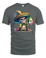 Colorful Sugar Skull Mexican Flag Day of Dead T-Shirt - gray t-shirt on white background