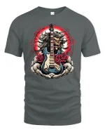 Rock Skull Guitar Roses Graphic T-Shirt Heavy Metal Art - gray t-shirt on white background