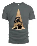 Vintage Gramophone Spotlight Graphic T-Shirt Retro Art - gray t-shirt on white background