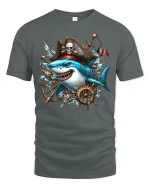 Pirate Shark Adventure Ocean Captain Graphic T-Shirt - gray t-shirt on white background