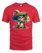 Colorful Sugar Skull Mexican Flag Day of Dead T-Shirt - red t-shirt on white background