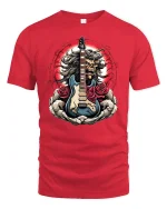Rock Skull Guitar Roses Graphic T-Shirt Heavy Metal Art - red t-shirt on white background