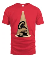 Vintage Gramophone Spotlight Graphic T-Shirt Retro Art - red t-shirt on white background
