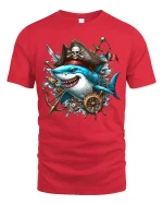 Pirate Shark Adventure Ocean Captain Graphic T-Shirt - red t-shirt on white background
