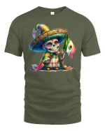 Colorful Sugar Skull Mexican Flag Day of Dead T-Shirt - military green t-shirt on white background