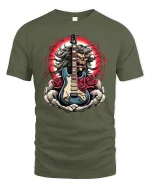 Rock Skull Guitar Roses Graphic T-Shirt Heavy Metal Art - military green t-shirt on white background