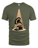 Vintage Gramophone Spotlight Graphic T-Shirt Retro Art - military green t-shirt on white background