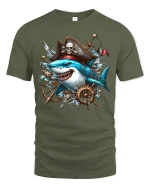 Pirate Shark Adventure Ocean Captain Graphic T-Shirt - military green t-shirt on white background
