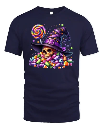 Witch Hat Skull Candy Halloween Trick or Treat T-Shirt - navy t-shirt on white background