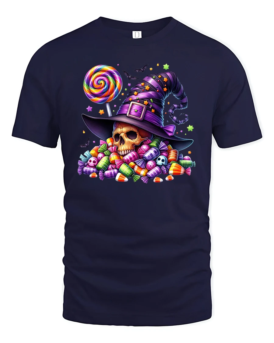Witch Hat Skull Candy Halloween Trick or Treat T-Shirt - 1 Witch Hat Skull Candy Halloween Trick or Treat T-Shirt - navy t-shirt on white background