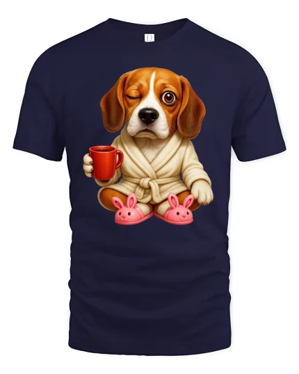 Morning Coffee Dog Funny Lazy Day Pajama T-Shirt - navy t-shirt on white background