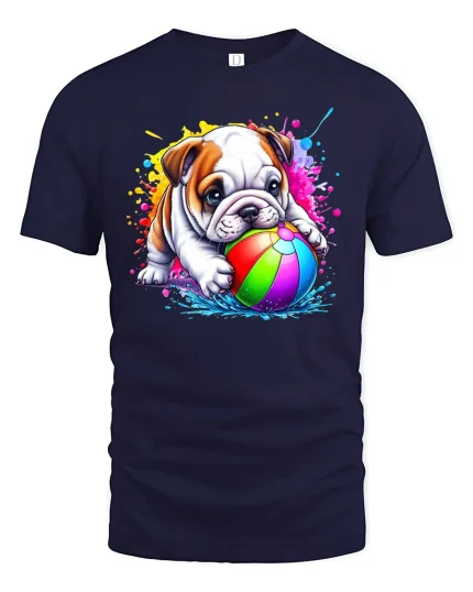Cute Bulldog Puppy Playing With Beach Ball Tee - navy t-shirt on white background