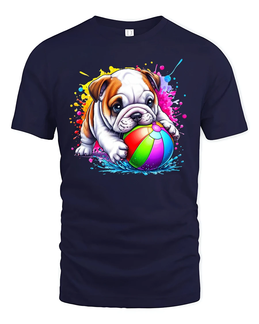 Cute Bulldog Puppy Playing With Beach Ball Tee - 1 Cute Bulldog Puppy Playing With Beach Ball Tee - navy t-shirt on white background