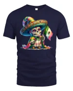 Colorful Sugar Skull Mexican Flag Day of Dead T-Shirt - navy t-shirt on white background