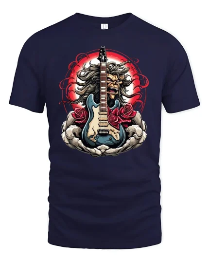 Rock Skull Guitar Roses Graphic T-Shirt Heavy Metal Art - navy t-shirt on white background